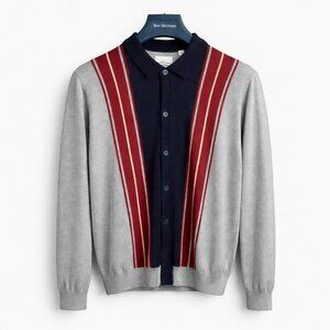 Men's Medium Ben Sherman Long Sleeve Knit Polo Shirt Vertical Stripes Gray Blue